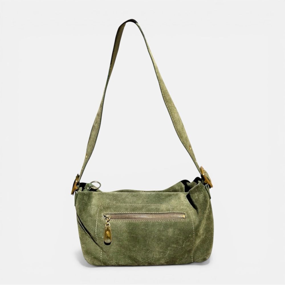 Apt. 9 Green Suede Shoulder Bag Gold Hardware Zip Pocket Y2K Hobo Baguette Purse